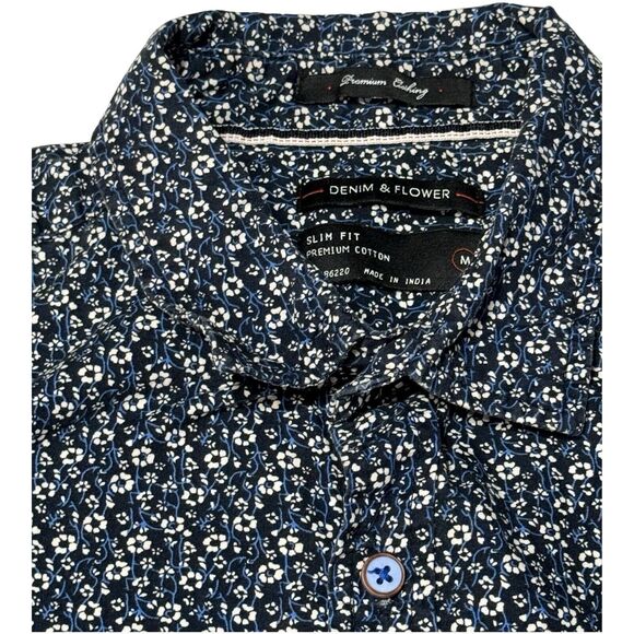 Denim & Flower Button Down Shirt Men's M‎ Short Sleeve Blue Floral Slim Fit - Picture 9 of 16